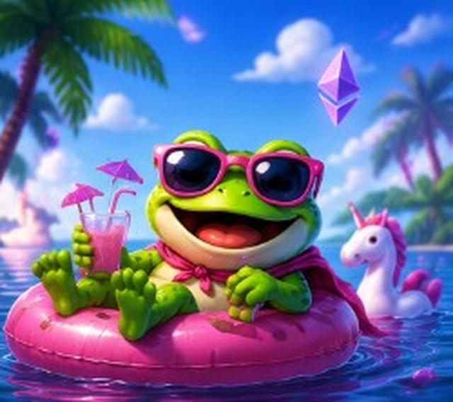 Frong lounging on a pink pool float