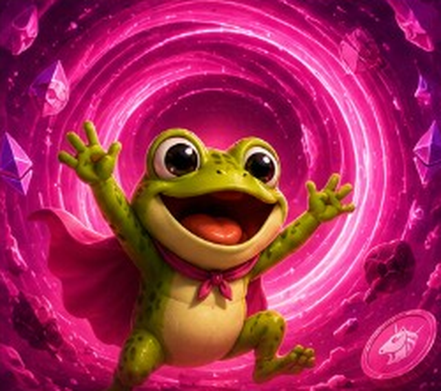 Frong jumping through a pink vortex